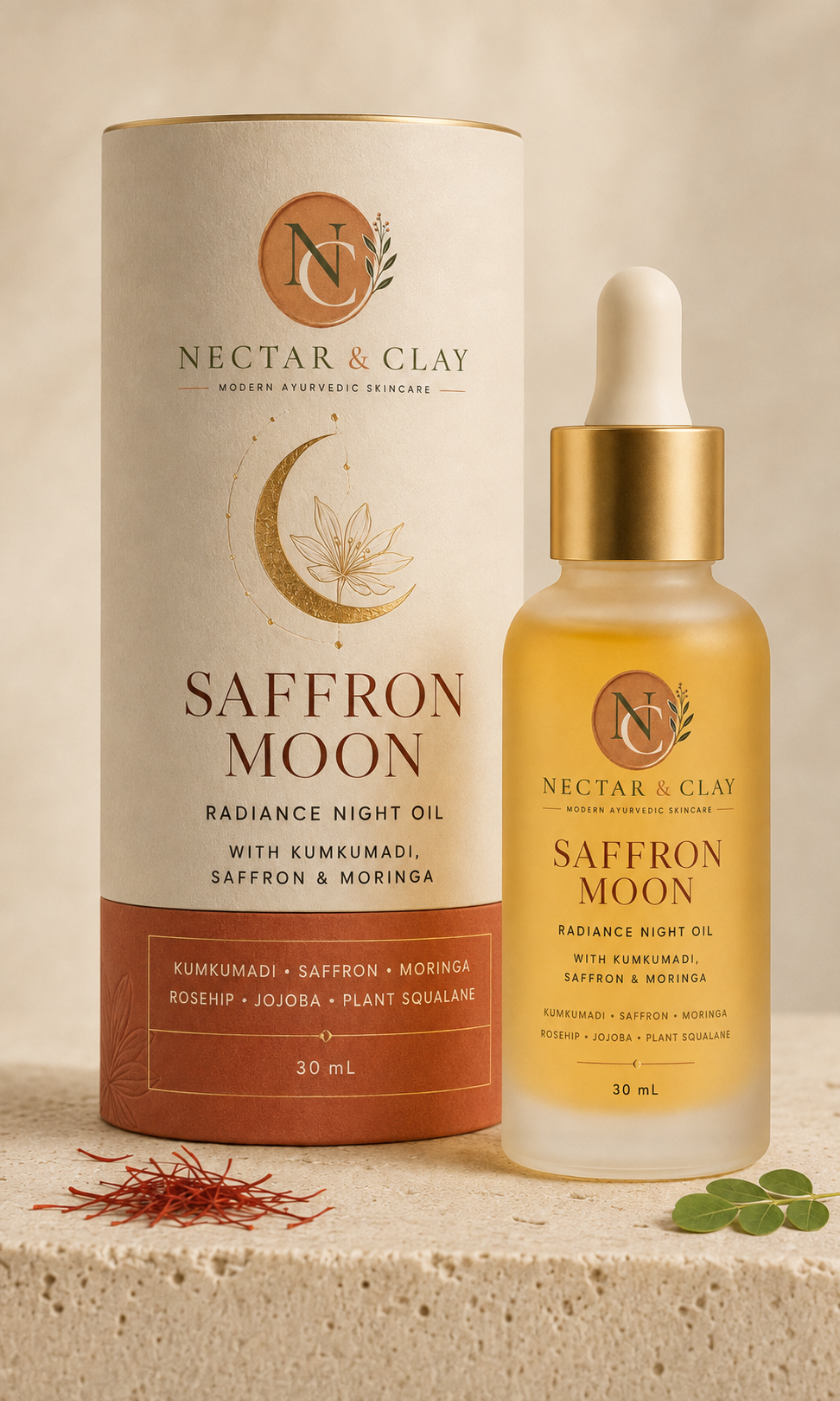 Saffron Moon Radiance Night Oil bottle and cylinder