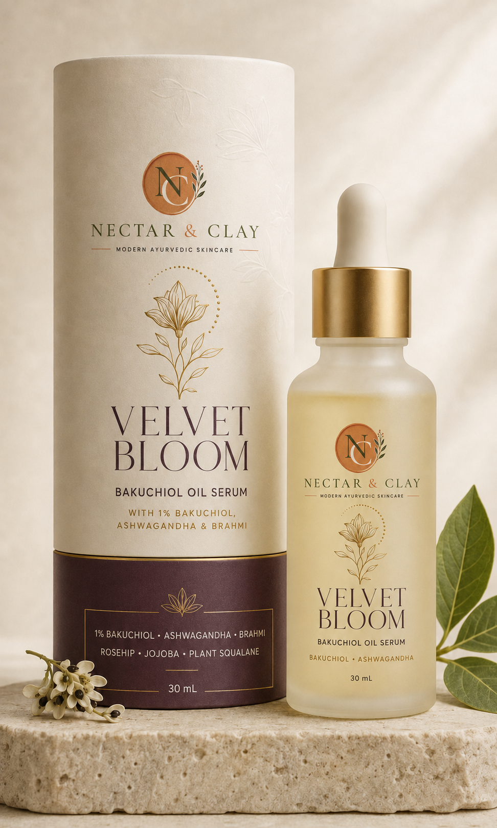 Velvet Bloom Bakuchiol Oil Serum bottle and cylinder